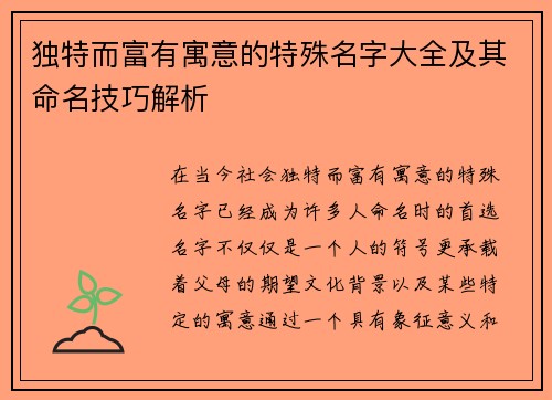 独特而富有寓意的特殊名字大全及其命名技巧解析